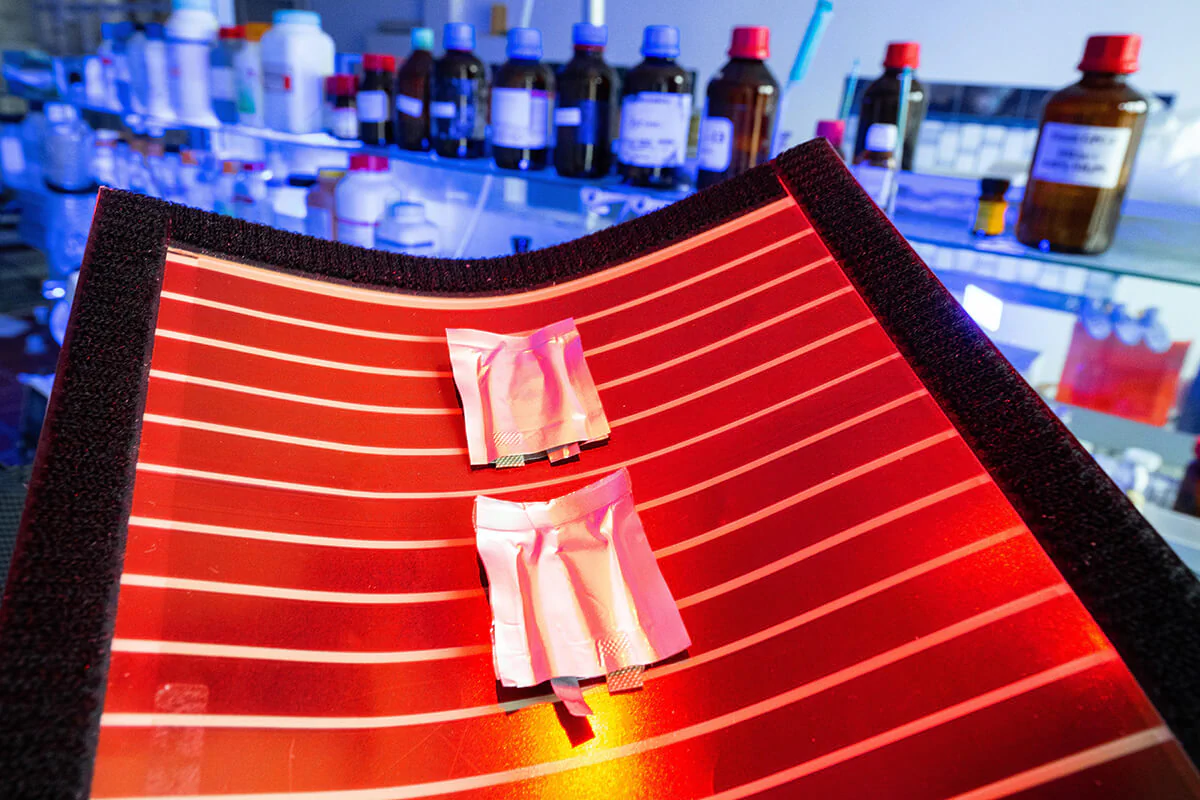 Polymer-based batteries and flexible solar cells as developed at the new institute. Photo: Jens Meyer (University of Jena) Polymer-based batteries and flexible solar cells as developed at the new institute.