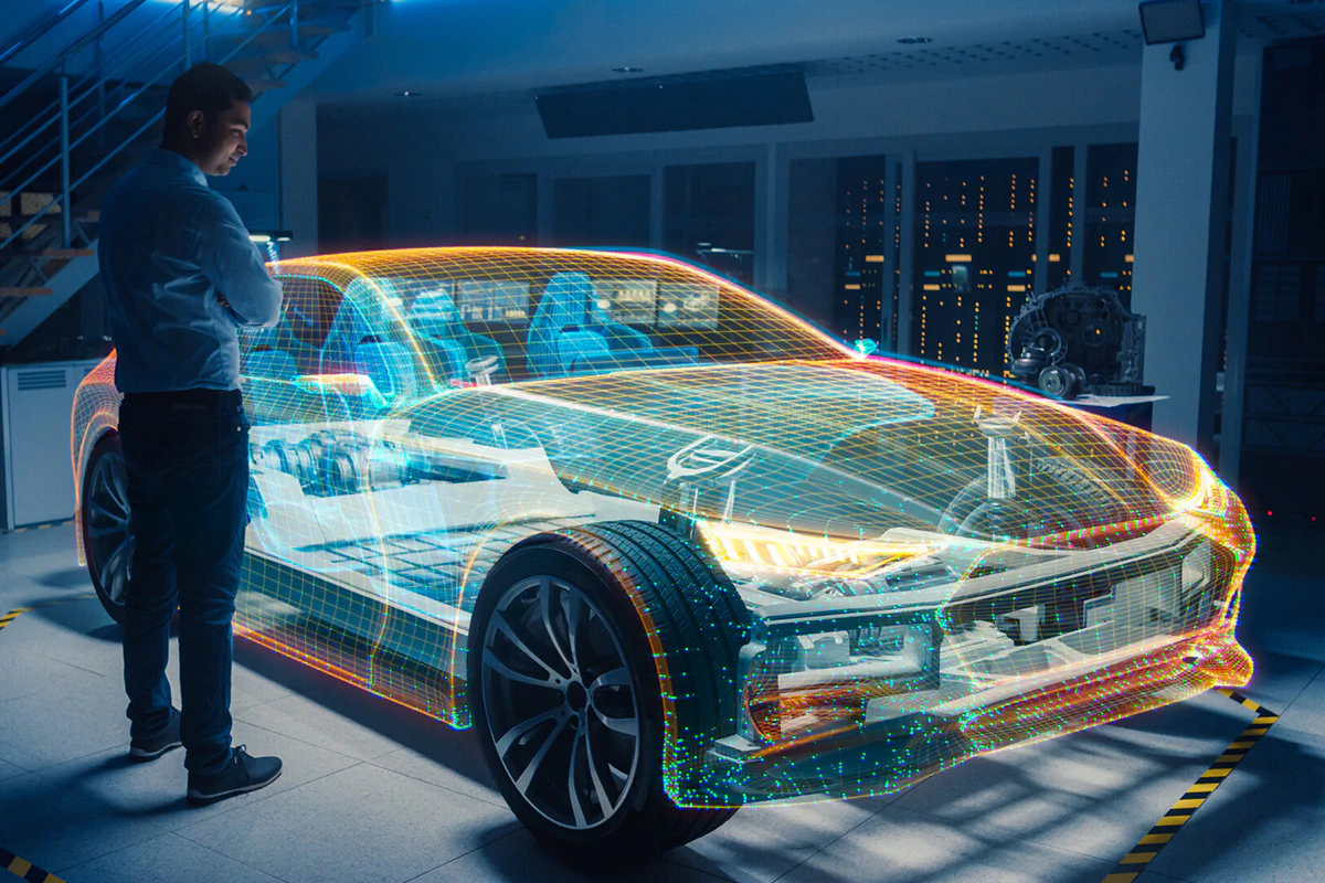 Optical components such as those for intelligent cars are part of AMOT GmbH's product portfolio. Photo: istockphoto.com / Gorodenkoff Holographic model projection of an electric car