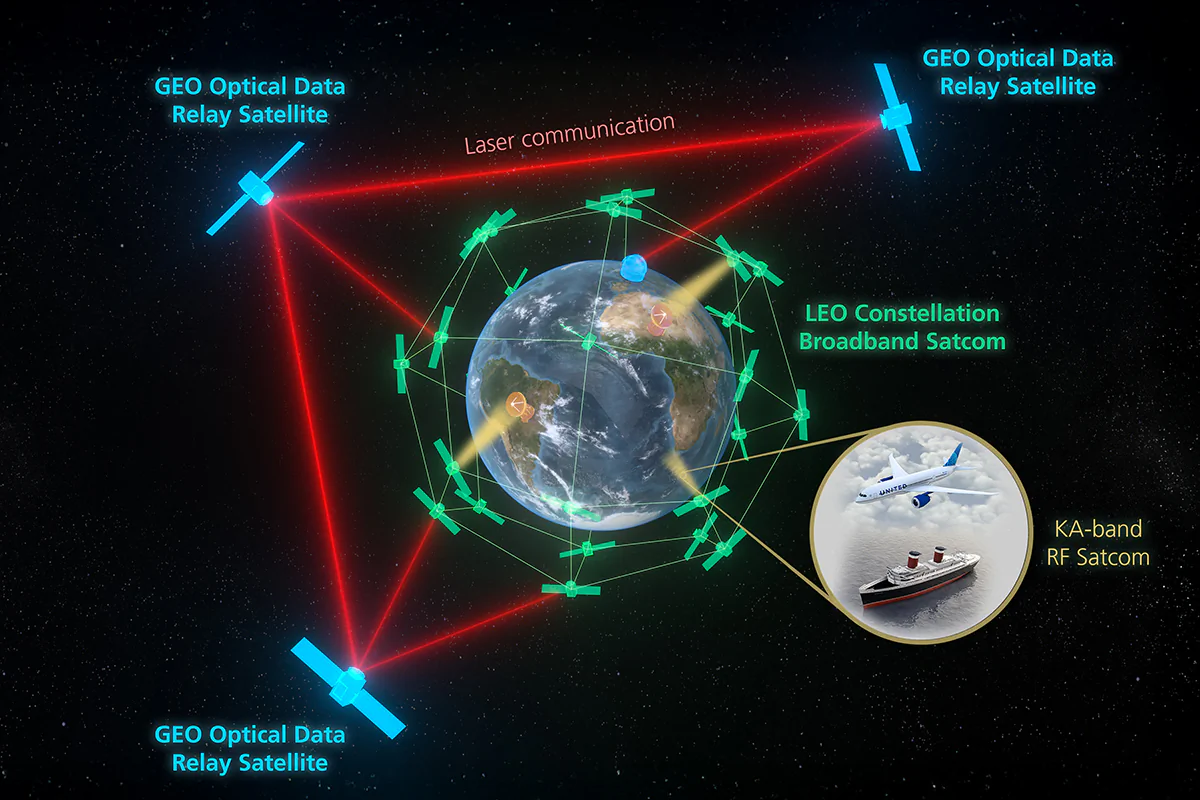 Schematic illustration of a laser communication network. The telescope developed in Jena is used for the inter-satellite optical link. Photo: Fraunhofer IOF Schematic illustration of a laser communication network. The telescope developed in Jena is used for the inter-satellite optical link.